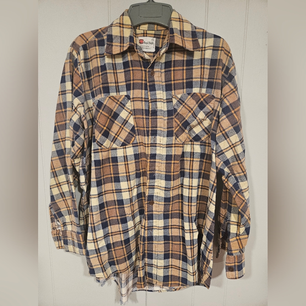 Vintage Royal Knight Cotton Flannel Shirt Men's Medium Brown Plaid 80's Rugged